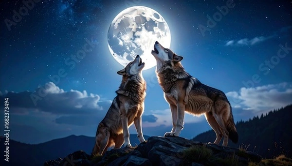 Obraz Wolves howling at the moon