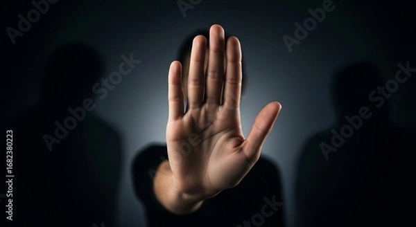 Fototapeta A person's hand raised in a stop gesture, with a blurred face and shadowy figures in the background, conveying a sense of warning or refusal.