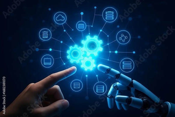 Obraz Human and robot hand touching gears and icons on virtual screen interface