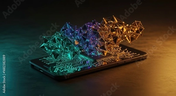 Fototapeta Abstract 3D geometric shapes in vibrant blue, purple, and gold emerge from a smartphone screen, suggesting digital transformation and innovation.