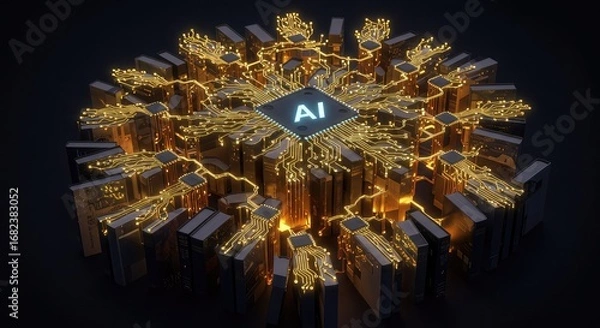 Fototapeta Artistic rendering of an AI chip, showcasing intricate circuitry and glowing elements.