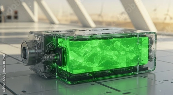 Fototapeta Futuristic technology device with green glowing liquid inside, on a white surface.