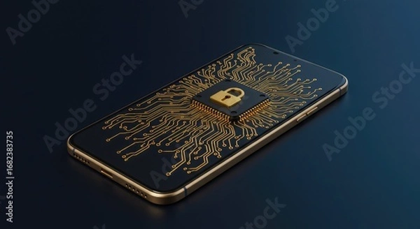 Fototapeta Smartphone security concept: gold phone with circuit board and lock.