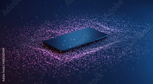 Fototapeta A modern smartphone surrounded by sparkling particles on a dark blue surface.