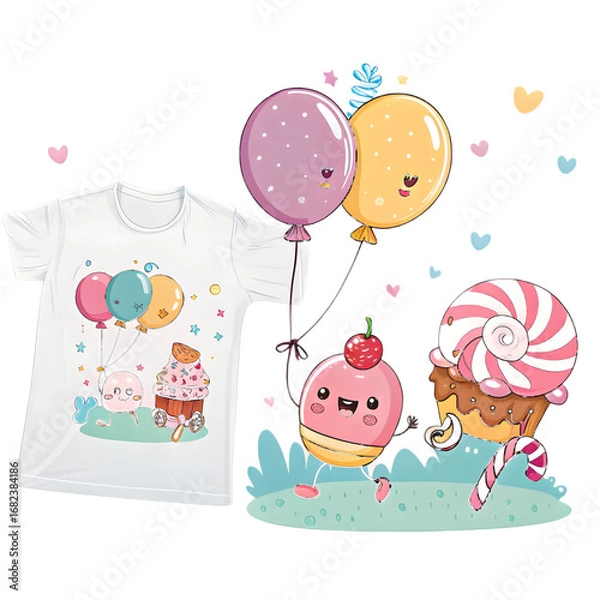 Obraz T-shirt with cute cartoon characters and sweets on transparent background isolated on a transparent background