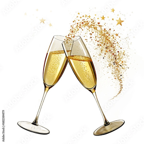 Fototapeta Two champagne glasses toasting with golden stars isolated on white isolated on transparent background