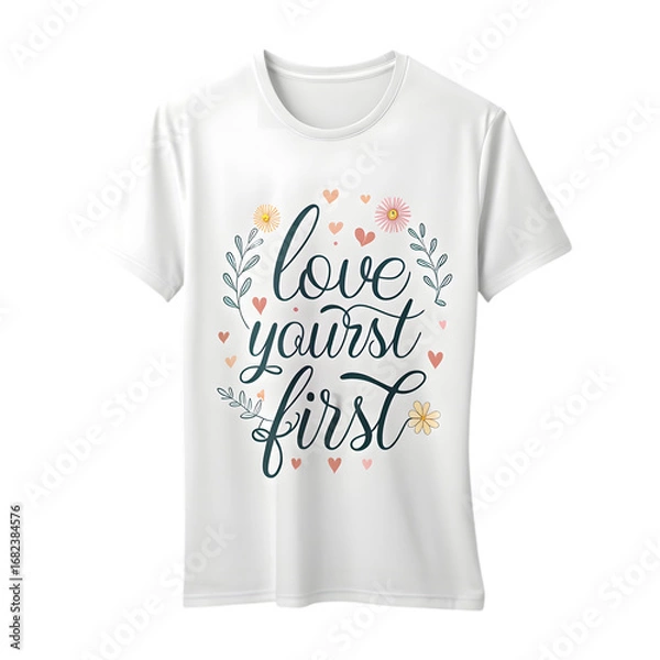 Obraz White t-shirt with floral lettering saying love yourself first isolated on a transparent background