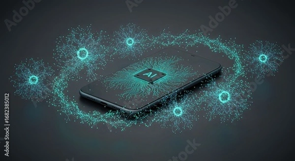 Fototapeta A smartphone with an AI chip at its center, surrounded by a glowing network of digital particles and abstract shapes.