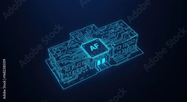 Fototapeta Futuristic glowing blue outline of a circuit board with a central 'AF' chip, representing advanced technology and digital innovation.