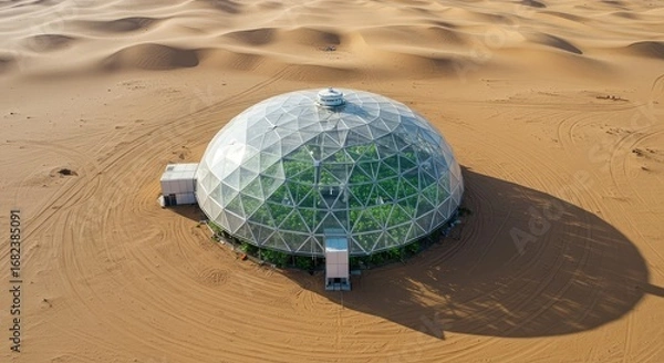 Fototapeta Aerial view of a futuristic geodesic dome greenhouse in a vast desert landscape.