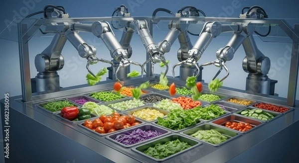 Fototapeta Robotic arms preparing a salad with various fresh vegetables, showcasing automation in the food industry.