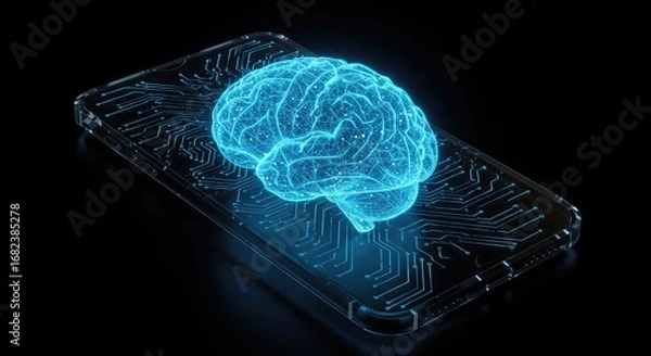 Fototapeta A glowing blue digital brain hologram superimposed on a smartphone screen, representing artificial intelligence and technology.