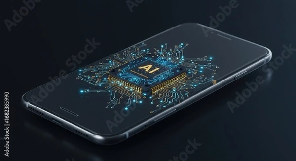Fototapeta A futuristic smartphone displaying a glowing AI chip with intricate circuitry and digital connections, symbolizing advanced artificial intelligence.