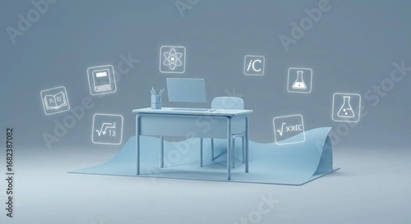 Fototapeta Light-blue school desk with floating science icons, digital learning concept.
