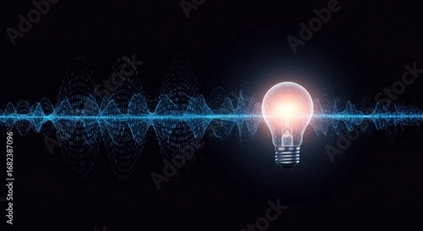 Fototapeta Glowing lightbulb amidst a digital wave, symbolizing innovative ideas and technological progress.