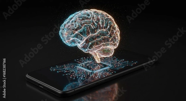 Fototapeta A glowing, futuristic digital brain hologram emerges from a smartphone, symbolizing artificial intelligence and advanced technology.