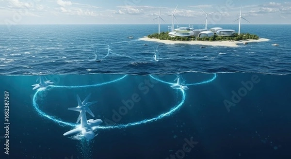 Fototapeta Offshore wind farm with underwater turbines connected to a central island facility powered by wind turbines.