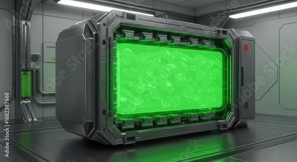 Fototapeta Futuristic metallic container with a glowing green screen, likely a technology device or storage unit.