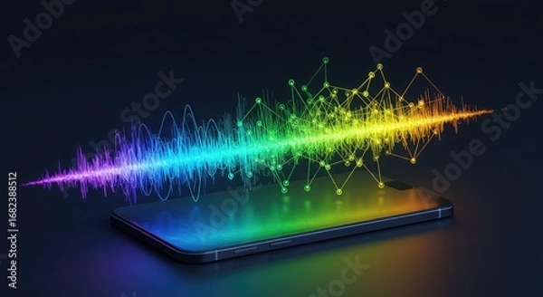 Fototapeta A vibrant, rainbow-colored audio waveform with a data network overlay emerges from a smartphone screen.