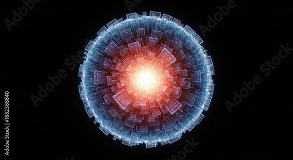 Fototapeta Futuristic sci-fi energy source with a glowing orange core and an intricate blue technological shell on a black background.