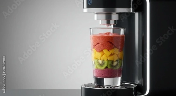 Fototapeta A layered fruit smoothie being made in a blender.