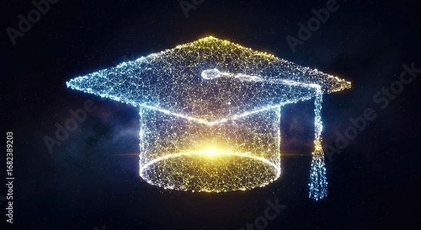 Fototapeta Glowing particle graduation cap with blue and yellow light on a dark background, symbolizing education and achievement.