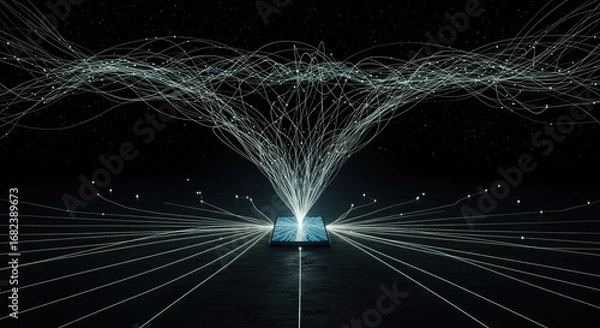 Fototapeta Abstract digital data streams converging on a central point.