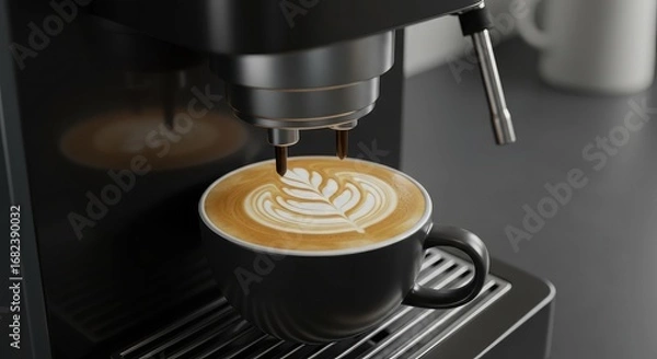 Fototapeta Close-up of a coffee machine making a latte with latte art.