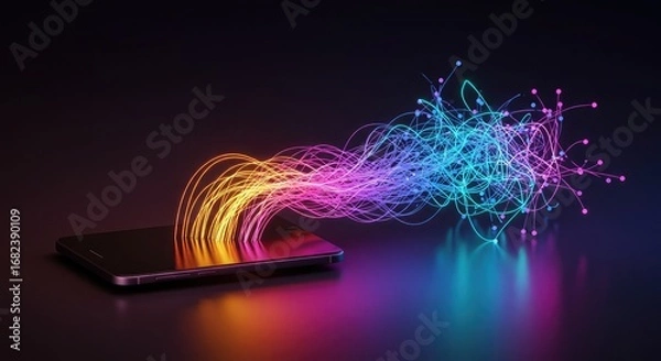 Fototapeta Abstract glowing data stream emanating from a smartphone.