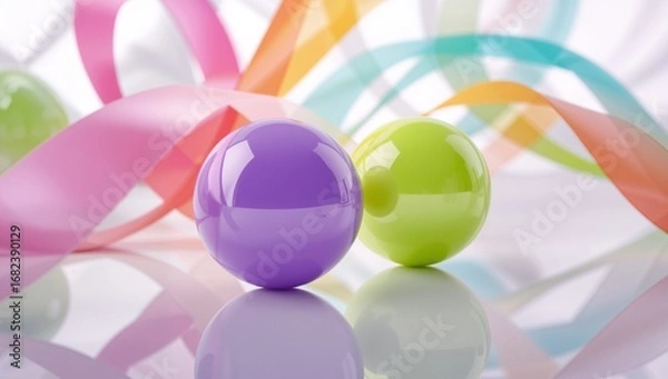 Fototapeta colorful balloons background, Colorful glossy spheres with pastel ribbons on shiny surface