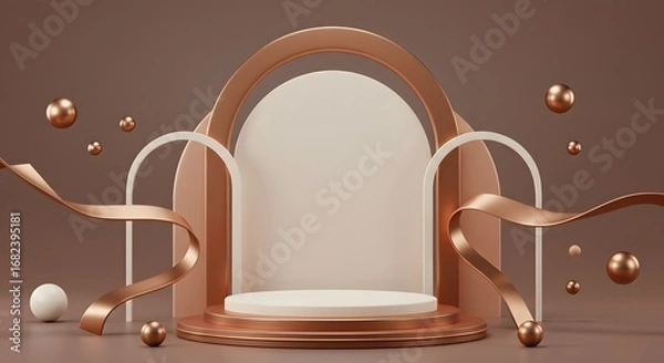 Obraz Elegant 3D rendered podium with rose gold arches and flowing ribbons, a perfect stage for luxury product presentation and display