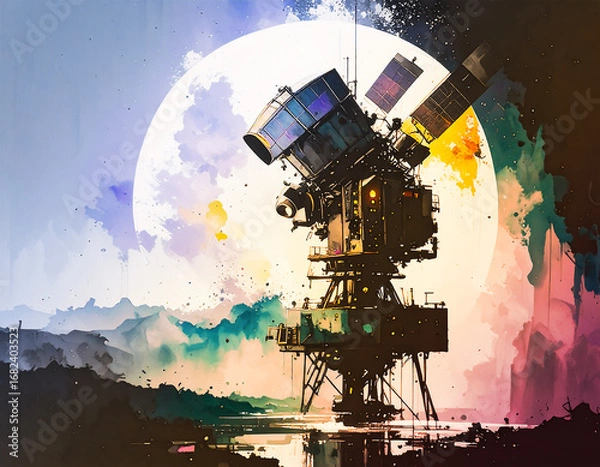 Obraz 惑星軌道が幾何学的グリッドで構成され、回転はアルゴリズム制御で動く。軌道の一部がエラーで乱れ、螺旋が崩壊し始めるコード化された惑星運行