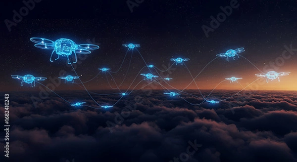 Fototapeta autonomous drone network flying over cloudscape at dusk illustrating ai-powered logistics and global connectivity solutions perfect for tech