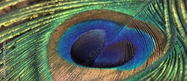 Obraz Peacock feather closeup. Selective focus. Feather background.