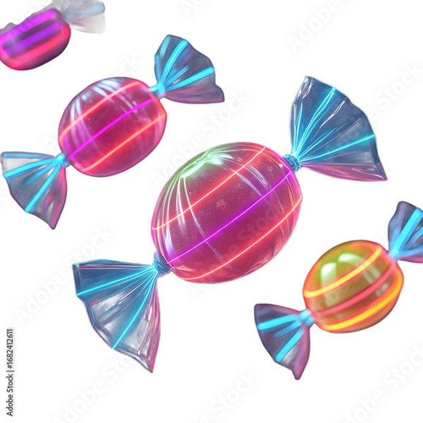 Fototapeta Glowing Neon Wrapped Candies Floating candy sweets isolated on a transparent background