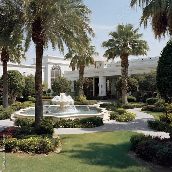 Obraz Elegant white building surrounded by lush greenery and a beautiful fountain offering a tranquil escape, perfect for luxury travel and destination marketing material