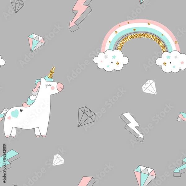 Fototapeta Magic design seamless pattern hand drawn  elements. With golden glitter texture. Vector illustration