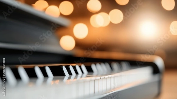 Fototapeta Elegant piano keys with soft, glowing lights in the background conveying creativity and inspiration for music creation.
