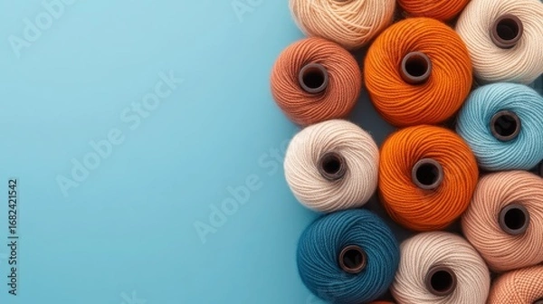 Fototapeta Colorful thread spools arranged in a pattern on a solid blue background suggesting creativity and craft.