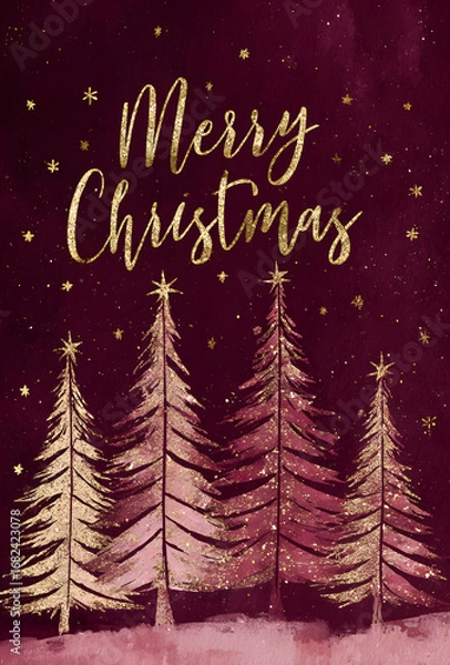 Fototapeta Elegant Christmas card design with golden “Merry Christmas” lettering and five festive trees in shades of red, pink, and white on a dark background. Stylish holiday greeting.