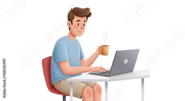 Obraz Young Man Sitting at Desk Using Laptop and Drinking Coffee in Casual Home Setting