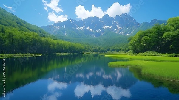 Obraz Serene Natural Landscape: Lake Reflects Bright Blue Sky & Fluffy Clouds, Surrounded by Lush Forest, Mountains & Snow