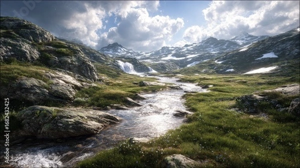 Fototapeta Mountain Stream With Snowcapped Peaks