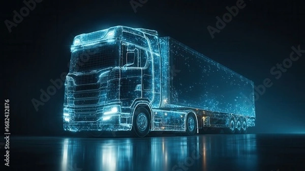Fototapeta Futuristic illuminated semi truck made of glowing blue digital data on a dark background