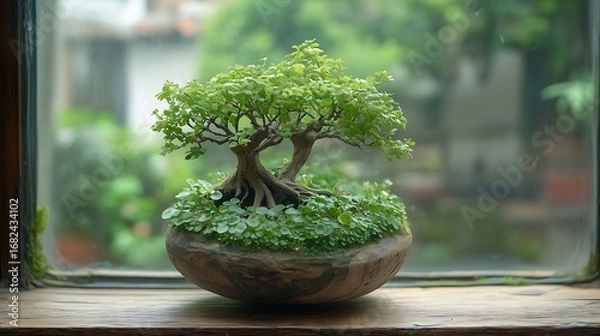 Obraz Indoor Close-Up of Lush Bonsai Tree on Wooden Windowsill: Wooden Pot, Mini Greenery, Natural Light & Blurred Garden Background