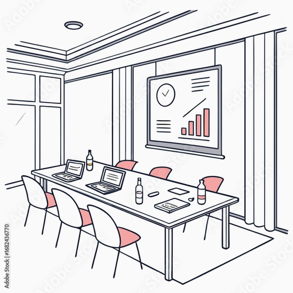 Fototapeta Conference room with presentation screen and laptops