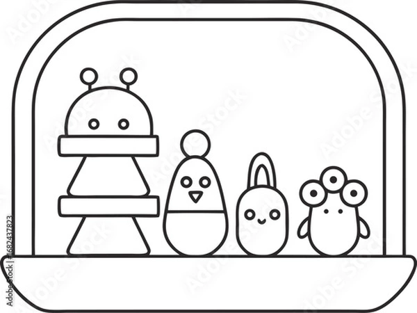 Fototapeta Illustration of a shelf with cute alien and animal toys, perfect for childrens designs and playful projects