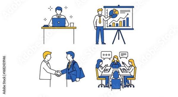 Fototapeta Set of four business concept illustrations depicting office work, data presentation, a handshake agreement, and a team meeting.