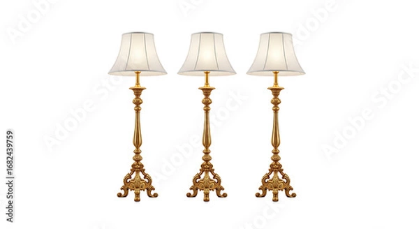 Fototapeta Three Decorative Golden Floor Lamps Isolated On White Background Design Element Shining Illumination Elegant Interiors Home Decor And Lighting