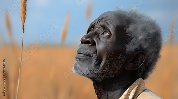 Obraz Close-Up of Elderly Black Man with White Beard & Hair Looking Up: Yellow-Toned Eyes, Wheat Stalk, Clear Sky & Blurred Golden Field